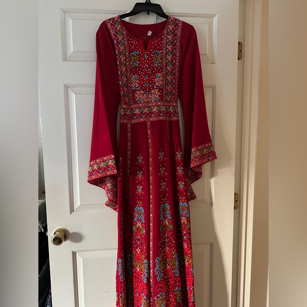 Palestinian floral thob Red Embroidered Dress floral thob Tatreez embroidery